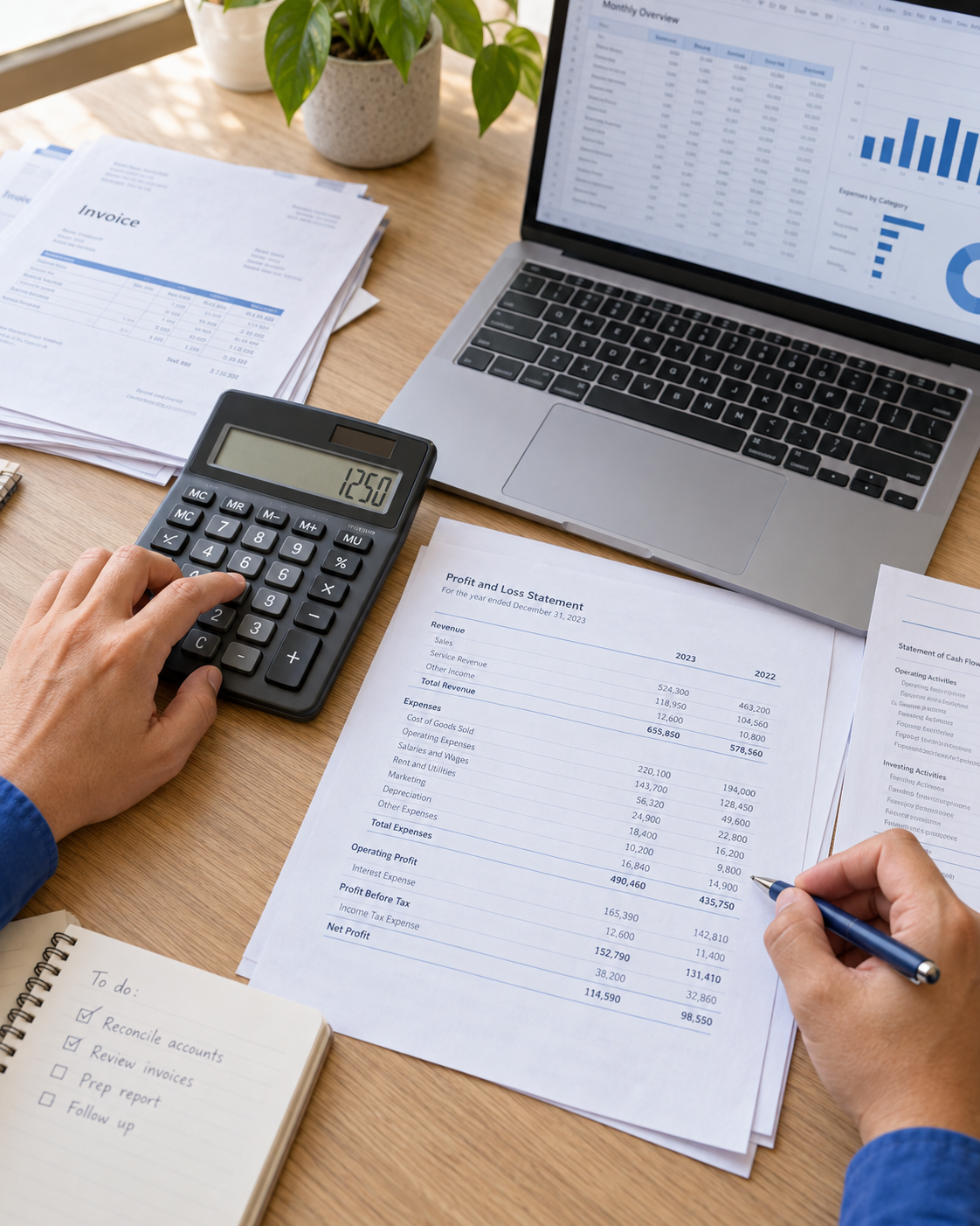Illustrative scene of an accountant reviewing financial reports with a calculator and a laptop spreadsheet